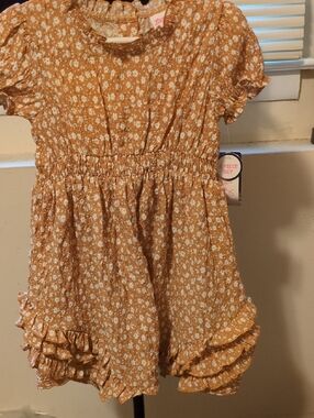 Little Lass 2 PC Girls' Mustard Floral Ruffle Dress/Blue Denim Vest 3T